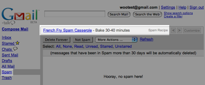Gmail's 'Spam' view shows an assortment of Spam recipes along the top, in place of the 'Web Clips'.