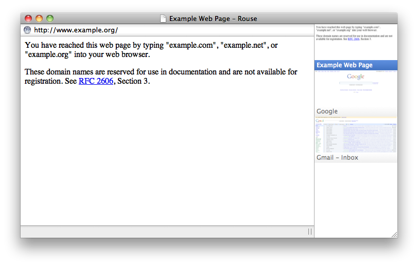 [Rouse with the address bar and three thumbnail tabs visible]
